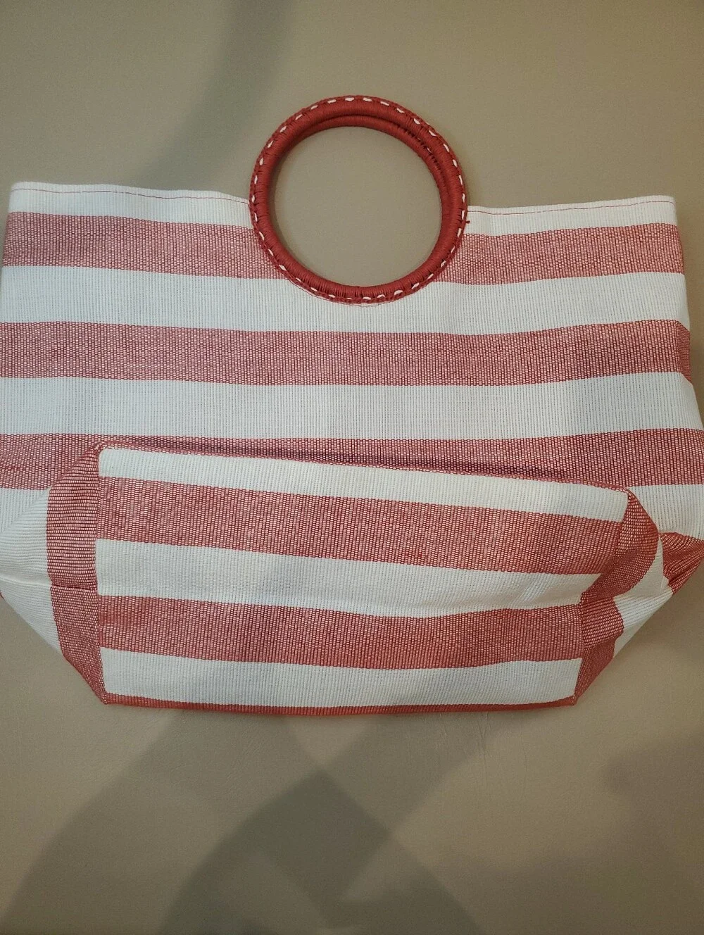 Red & White Striped Beach Tote Bag Hoop Handle Summer Canvas